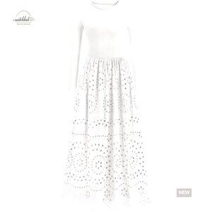 Long Sleeve Crewneck A-Line Maxi Dress with Pockets, Eyelet Embroidery